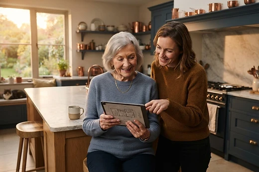A British grandparent and adult child reviewing savings on a tablet in a sunlit kitchen
